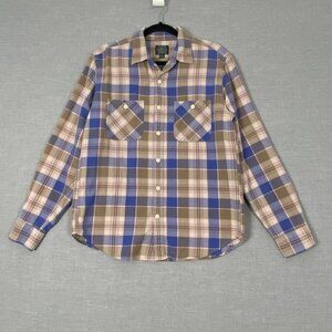 J Crew Flannel Button Down Shirt Sz Med Cotton Beige and Blue Plaid